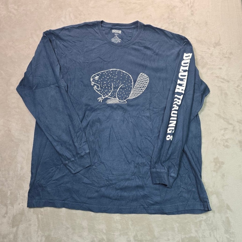 Duluth Trading Co Mens XL Relaxed Fit Longtail T Beaver Graphic Long Sleeve Navy